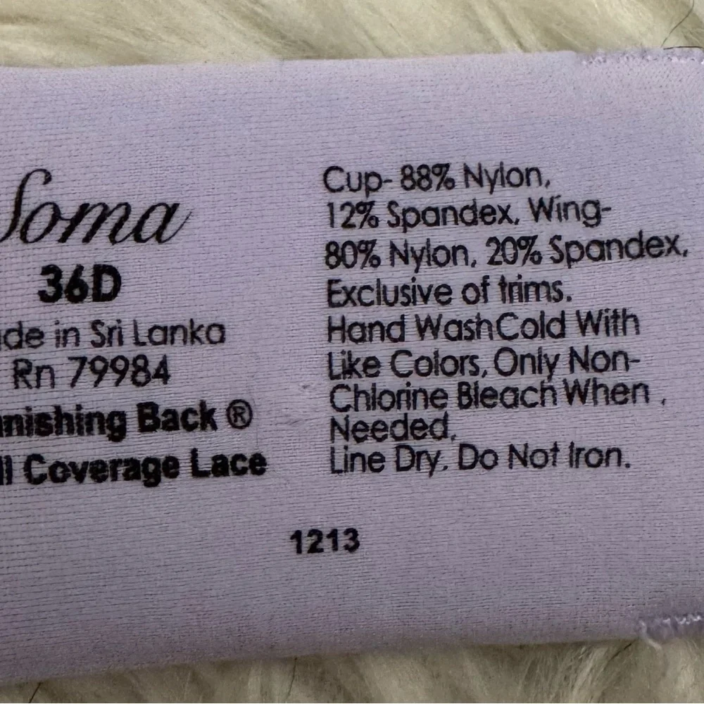 Soma Bra Size 36D Vanishing Back Full Coverage lace Purple‎ Underwire
